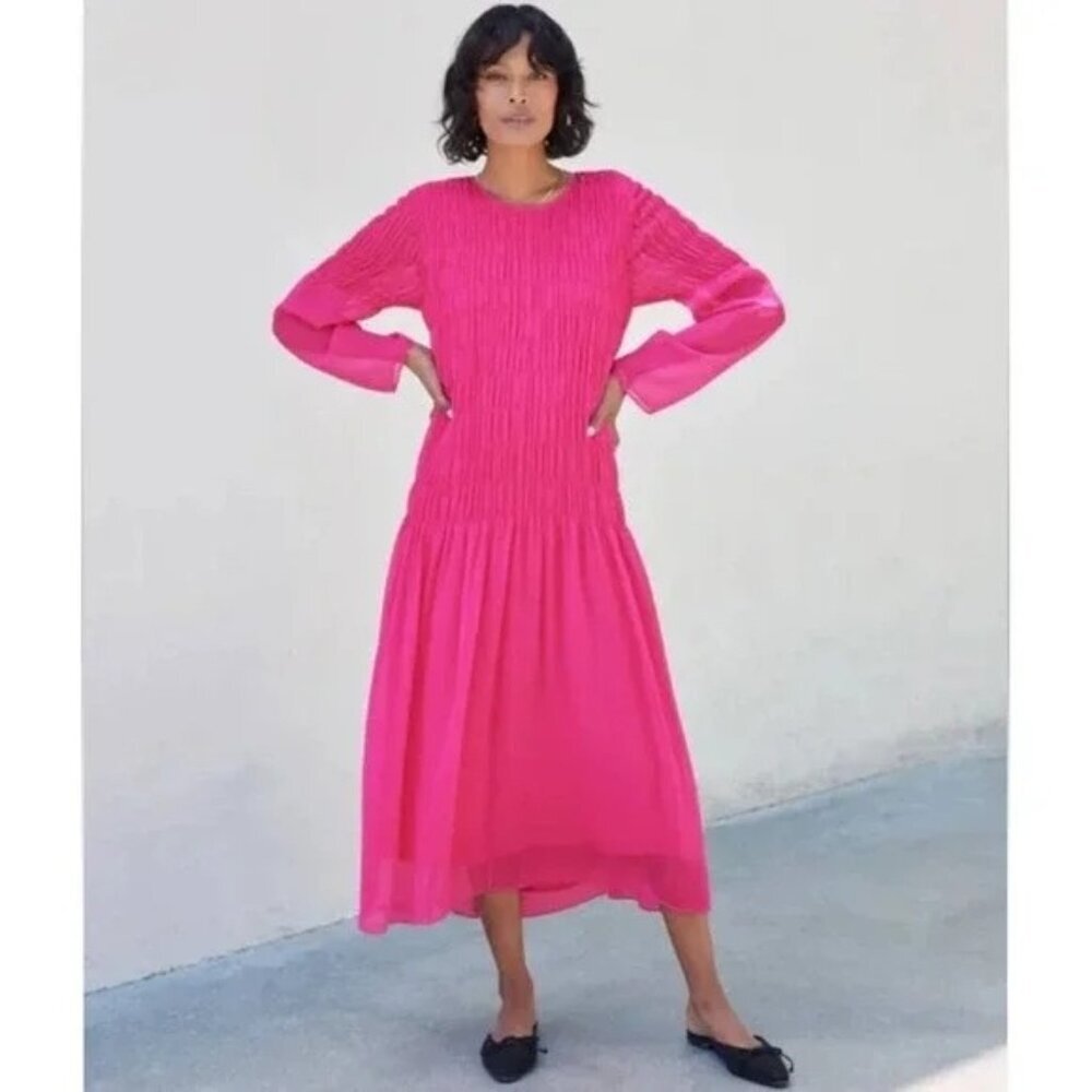 AYR Something Special Pink Silk Midi Dress Long Sleeve Feminine Women's M